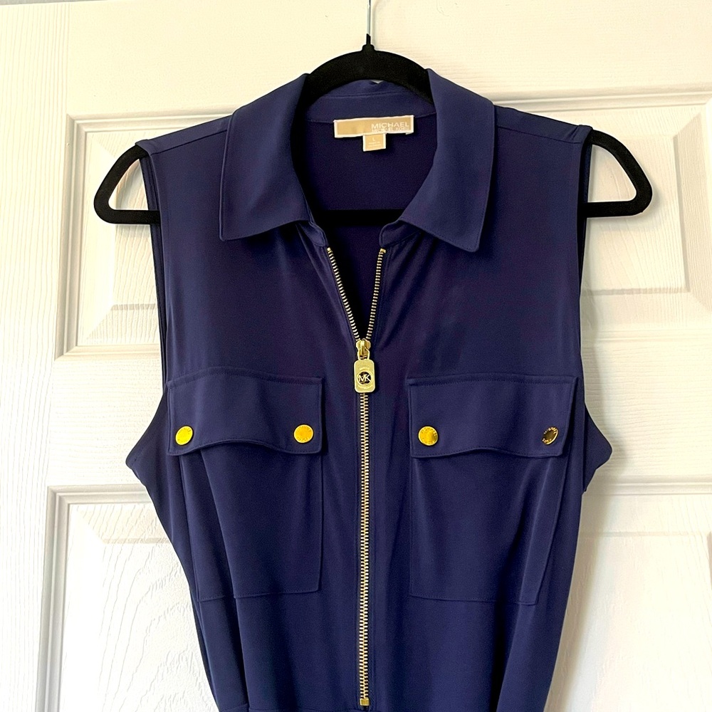 Michael Kors Womens Sleeveless Jumpsuit with Gold Zipper -Navy